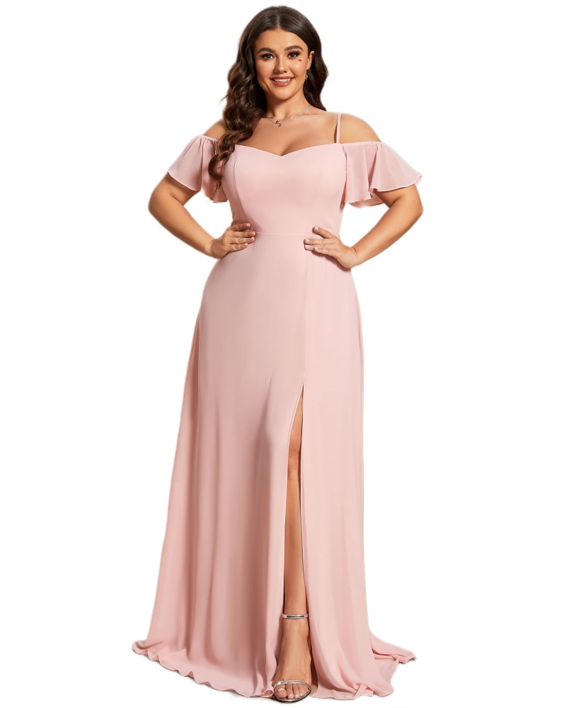 Front of a model wearing a size 18 Stylish Cold Shoulder Flare Sleeves Flowy Bridesmaid Dress in Pink by Ever-Pretty. | dia_product_style_image_id:340229